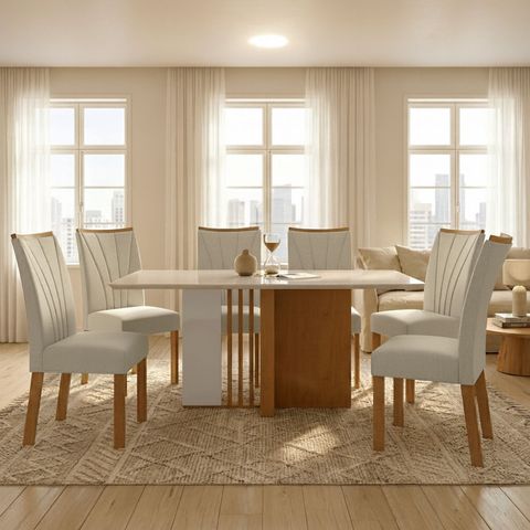 Conjunto Sala de Jantar 6 Lugares Retangular Tampo Vidro/MDF Mesa Astrid com Cadeiras Apogeu