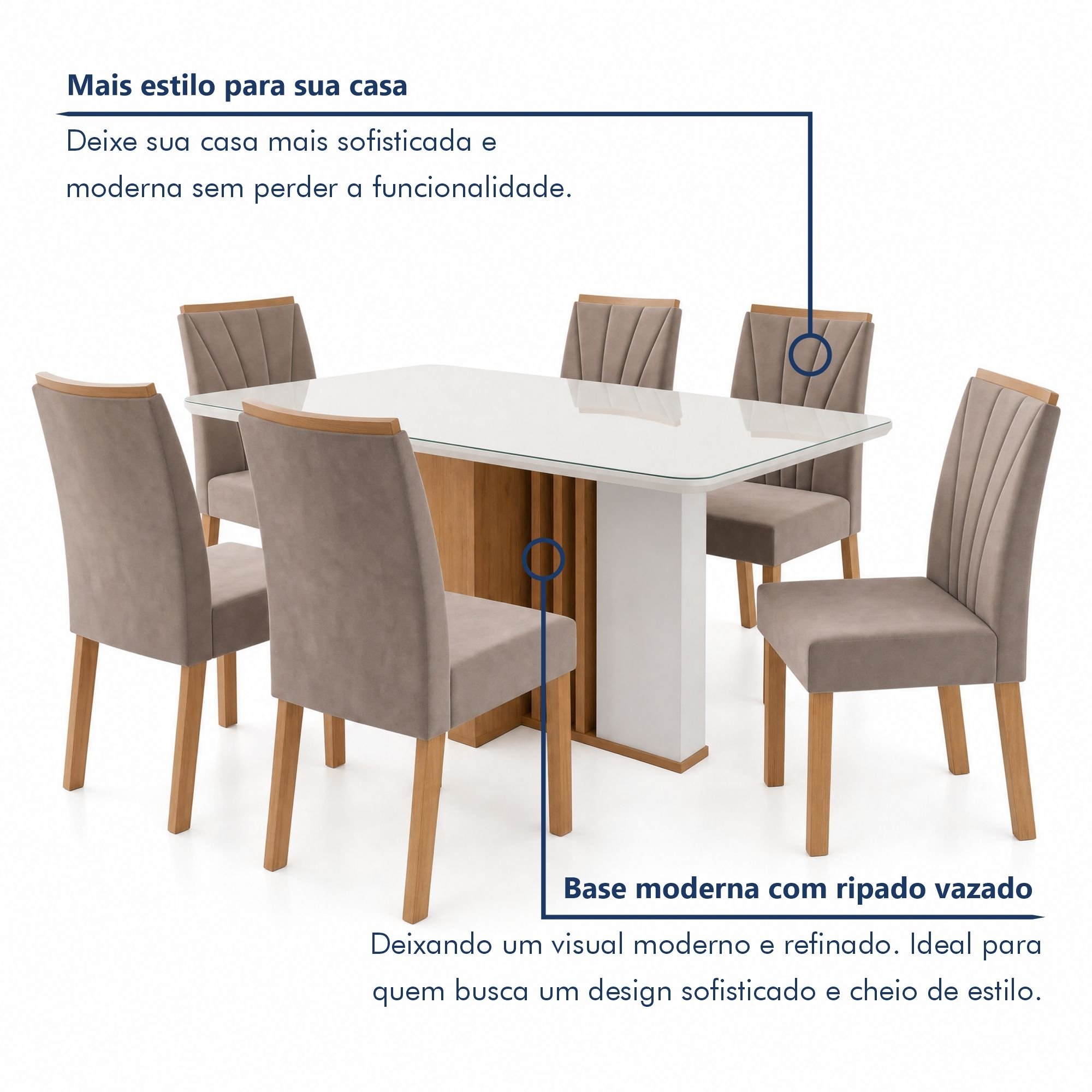 Conjunto Sala de Jantar Mesa 6 Cadeiras Veludo Tampo Vidro 170cm