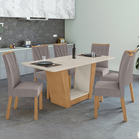 Conjunto Sala de Jantar 6 Lugares Retangular Tampo Vidro/MDF 160cm Mesa e Cadeiras Apogeu Marrom Amêndoa Clean/Off White/ Capuccino