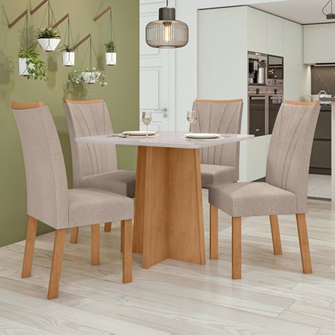 Conjunto Sala de Jantar 4 Lugares Quadrada Tampo Vidro/MDF Mesa Celebrare com Cadeiras Apogeu Bege Amêndoa Clean/Off White/Bege