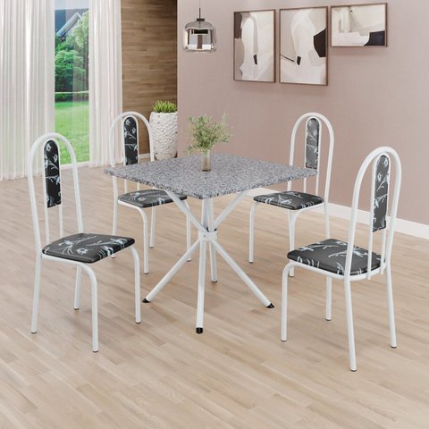 Conjunto Sala de Jantar Mesa Quadrada 75x75cm Tampo Granito Ocre 4 Cadeiras Linda Yescasa Branco/Preto Floral