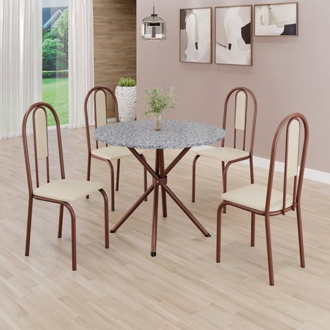 Conjunto Sala de Jantar Mesa Redonda 75cm Tampo Granito Ocre 4 Cadeiras Linda Yescasa Marrom/Creme