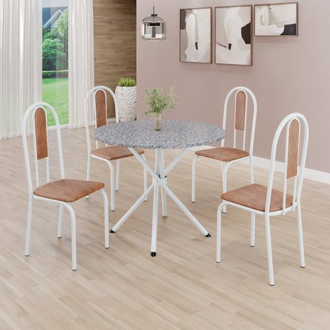 Conjunto Sala de Jantar Mesa Redonda 75cm Tampo Granito Ocre 4 Cadeiras Linda Yescasa Branco/Marrom