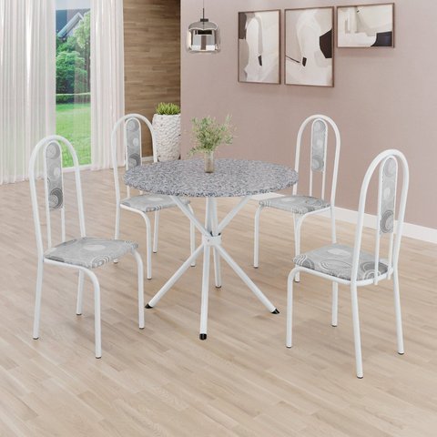 Conjunto Sala de Jantar Mesa Redonda 75cm Tampo Granito Ocre 4 Cadeiras Linda Yescasa Branco/Paraopeba