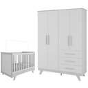 Ver imagem 1 de Quarto de Bebê Completo Retro com Guarda Roupa 4 Portas 3 Gavetas e Berço Mini Cama Móveis - Branco