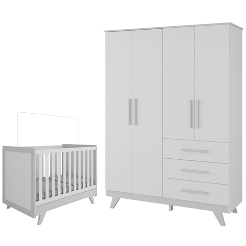 Quarto de Bebê Completo Retro com Guarda Roupa 4 Portas 3 Gavetas e Berço Mini Cama Móveis - Branco
