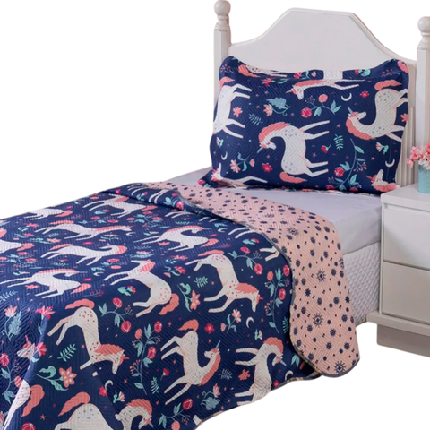 Colcha Infantil 2 Peças Cobre Leito 2,40 X 1,60m Unicórnio