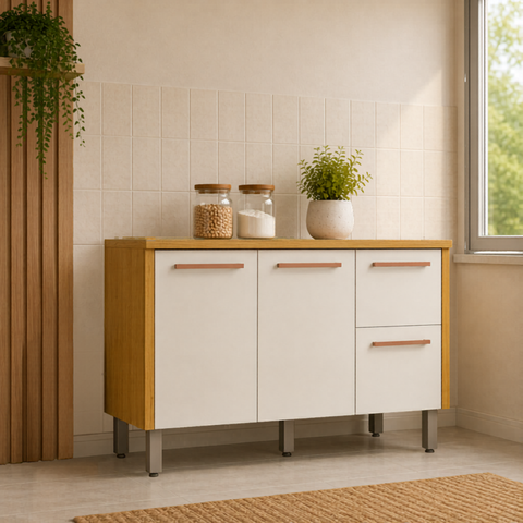 Balcão Cozinha 3 Portas Dália - Cinamomo/Off White - Cucina