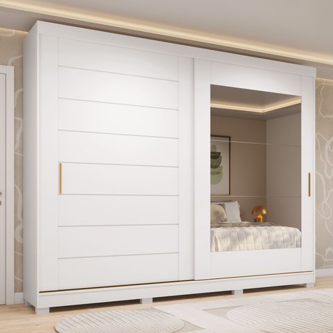 Guarda-Roupa Casal 264cm 2 Portas de Correr com Espelho e Pés 100% MDF Siena Espresso Móveis Branco