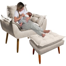 Kit Poltrona Amamentação Sala Estar Quarto Decorativa Cor Bege Conforto Perfeito + Puff - Mr Deluxe - 1