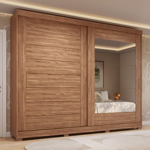 Guarda-Roupa Casal 264cm 2 Portas de Correr com Espelho e Pés 100% MDF Siena Espresso Móveis Marrom/Cinamomo