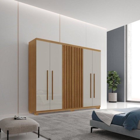 Guarda-Roupa 6 Portas 2 Gavetas com Pés MDF Logan Off White/Marrome