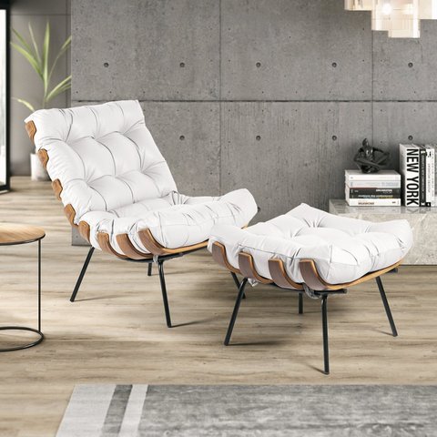 Poltrona de Couro Legítimo Costela com Puff