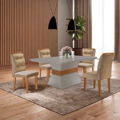 Mesa Clarice 120 Tampo MDF Vidro/Canto Reto 4 Cadeiras Valentina Yescasa Bege/Turim/Off White/Imbuia