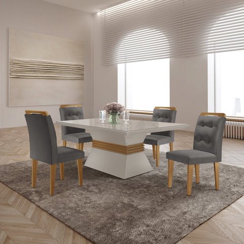 Mesa Clarice 120 Tp MDF Vidro/Canto Reto 4 Cad Valentina Off White/Veludo Grafite/Imbuia Yescasa