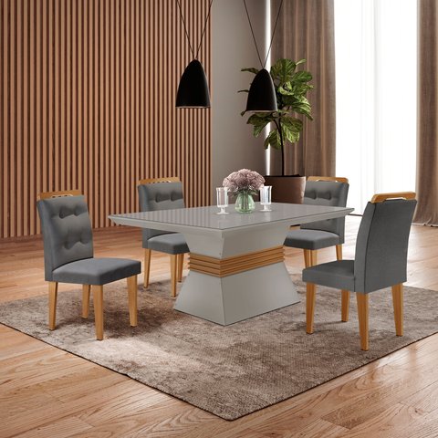 Mesa Clarice 120 Tp MDF Vidro/Canto Reto 4 Cad Valentina Bege/Linho Grafite/Off White/Imbuia Yescasa