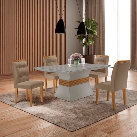 Mesa Clarice 120 Tp MDF Vidro/Canto Reto 4 Cad Valentina Yescasa Off White/Veludo Capuccino/Imbuia