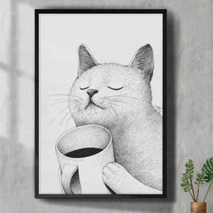 Quadro Decorativo Gato Tomando Café-24x34Cm