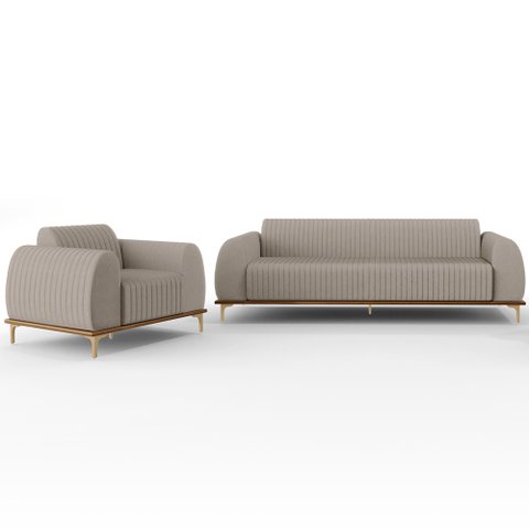 Kit Sofá 3 Lugares Sala Estar 210cm com Poltrona Molino Pés D'ouro D02 Linho Bege C-107 - Lyam