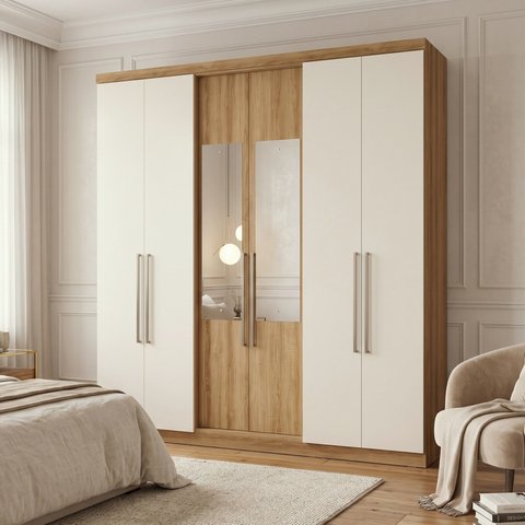 Guarda-Roupa Casal com Espelho 6 Portas 2 Gavetas 219 x 210cm Presence Yescasa Marrom Almendra/Off-White