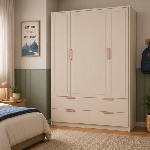 Armário para Quarto Infantil 4 Portas e 4 Gavetas Theo Bege/Areia/Rose