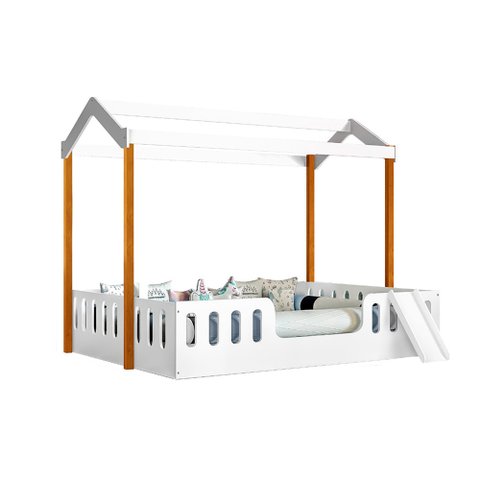 Cama Infantil com Colchão D28 Casal Ágatha Branca/amêndoa com Escorregador e Voal Branco - Divaloto