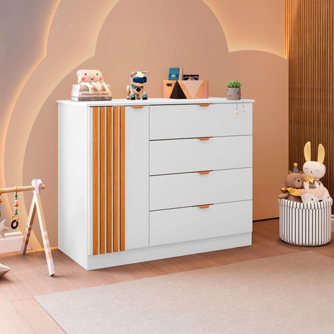 Cômoda Infantil 100% MDF 4 Gavetas 1 Porta Ripado Ayla Branco