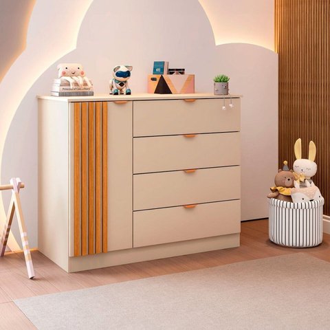 906157 Cômoda Infantil 100% MDF 4 Gavetas 1 Porta Ripado Ayla Off White