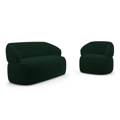 Kit Poltrona Giratória e Sofá Orgânico Living Glee 03 Lugares 170cm Veludo Verde Escuro - Abmaza