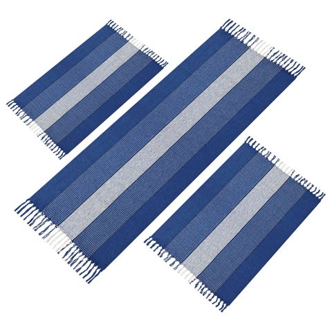 Tapete para Cozinha Azul Listra Preta Passadeira Jogo 3 Peças