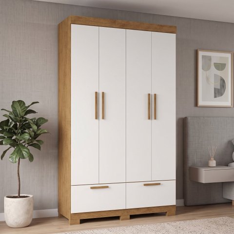 Guarda-Roupa Solteiro 4 Portas, 4 Gavetas e Pés MDF Cambori Cinamomo/Off White