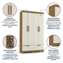 Ver imagem 4 de Guarda-Roupa Solteiro 4 Portas, 4 Gavetas e Pés MDF Cambori Cinamomo/Off White