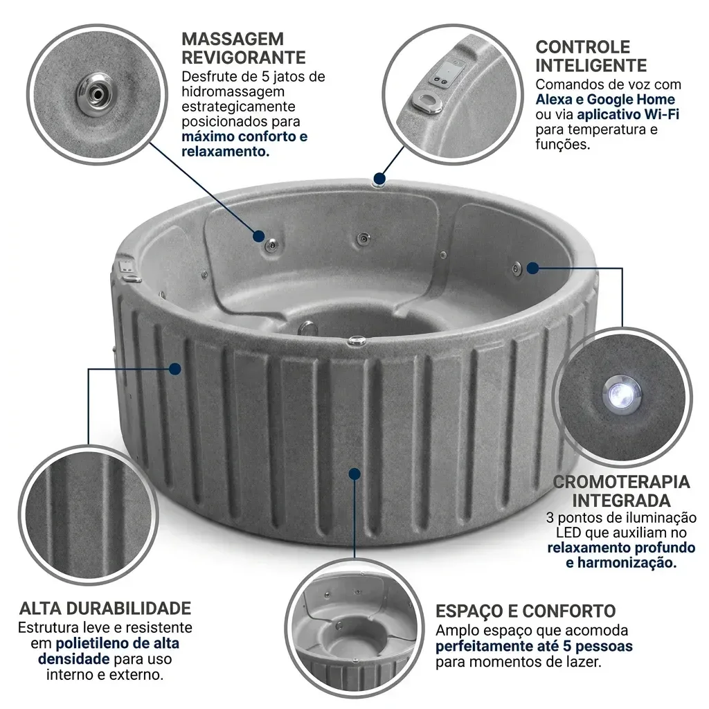 Ver imagem 4 de Spa Hidromassagem Portátil Eco Top Line Ouro Fino com Aquecedor, Cromoterapia LED e Smart Home 5 Lugares Cinza 220V