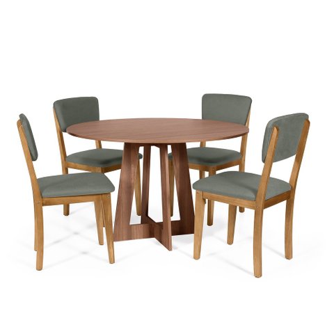 Mesa de Jantar Redonda Montreal Noronha com 4 Cadeiras Estofadas Ella Cinza