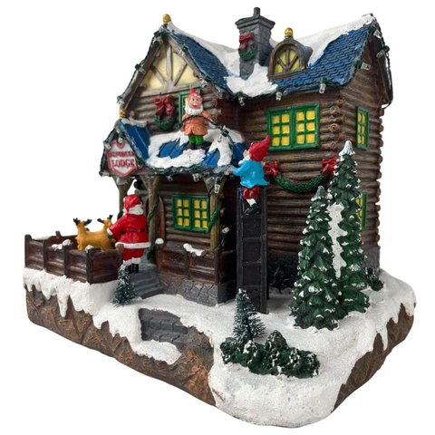 Vila Natalina Papai Noel Natal Duende Casinha Som LED Rena Giratoria Enfeite Mesa Estante Recepçao C
