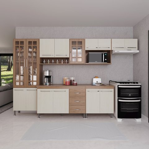 Cozinha Modulada Completa Fidelitá Paris 6 Peças 330cm 15 Portas 3 Gavetas com Tampo