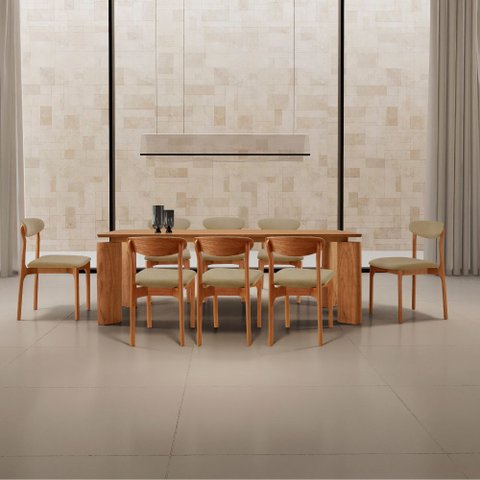 Sala de Jantar Mesa Nala 220cm Tampo Laminado Canto Moeda com 8 Cadeiras Noronha