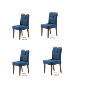 Conjunto 4 Cadeiras Estofadas Lais Madeira Eucalipto Amendoa/Azul