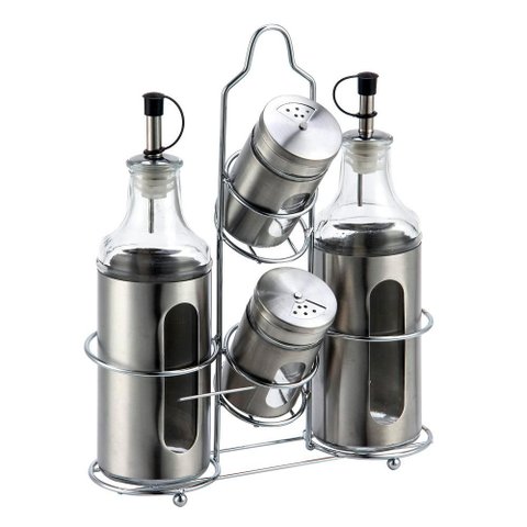 Jogo de 2 Galheteiros e 2 Porta Condimentos em Vidro com Suporte em Aco Inox L21,6xp7,7xa27,3cm
