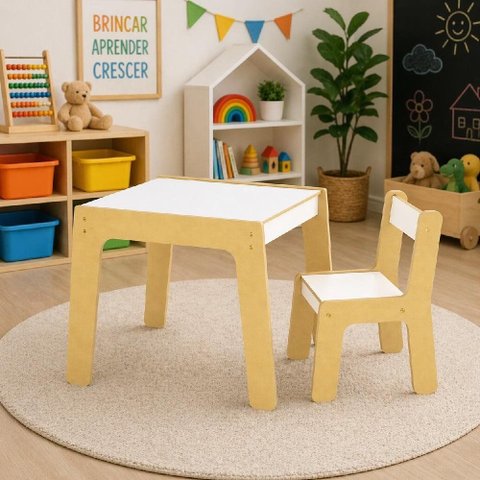 Mesa com Cadeira Infantil Montessori MDF Escolar Estudo Atividades Brincadeiras Ate 35kg