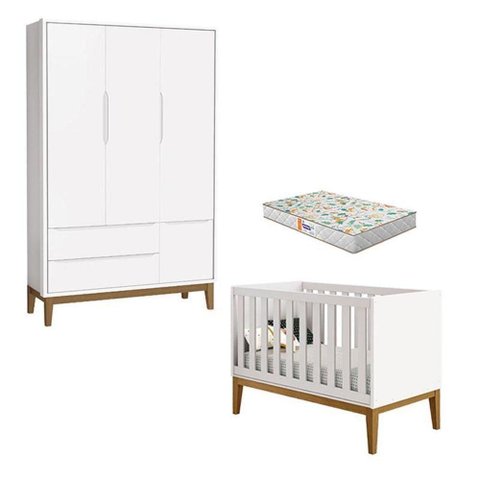 Berço Americano e Guarda Roupa 3 Portas New Classic Branco com Pés Madeira e Colchão Gazin ?
