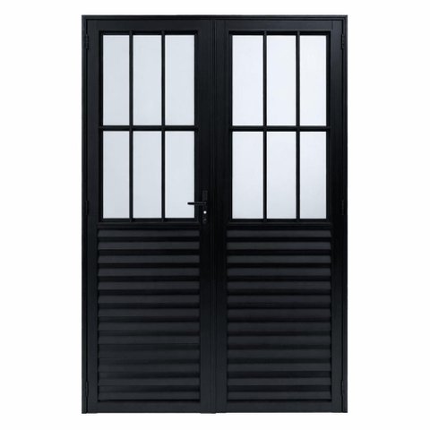 Porta de Giro Alumínio Preto Abertura Central 2F c/ Postigo e Grade Maxx - 210x120