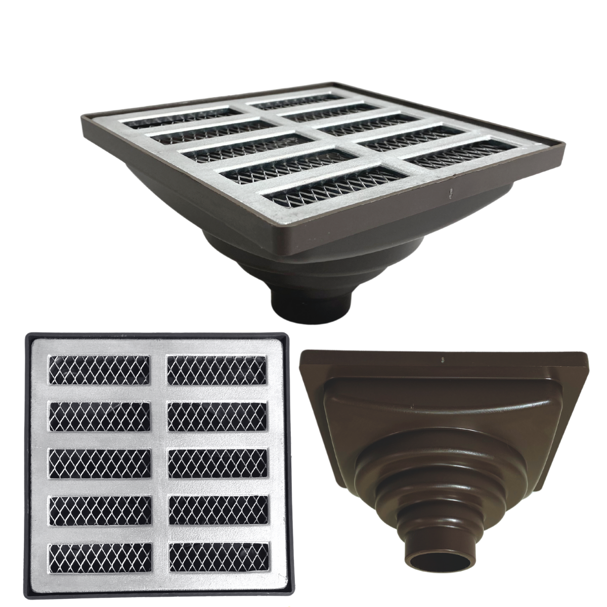 Ralo Anti Cheiro Aluminio 15x15 Reta Tela e Coletor Saída Baixa Marrom Adapt de 40mm até 100mm - 1