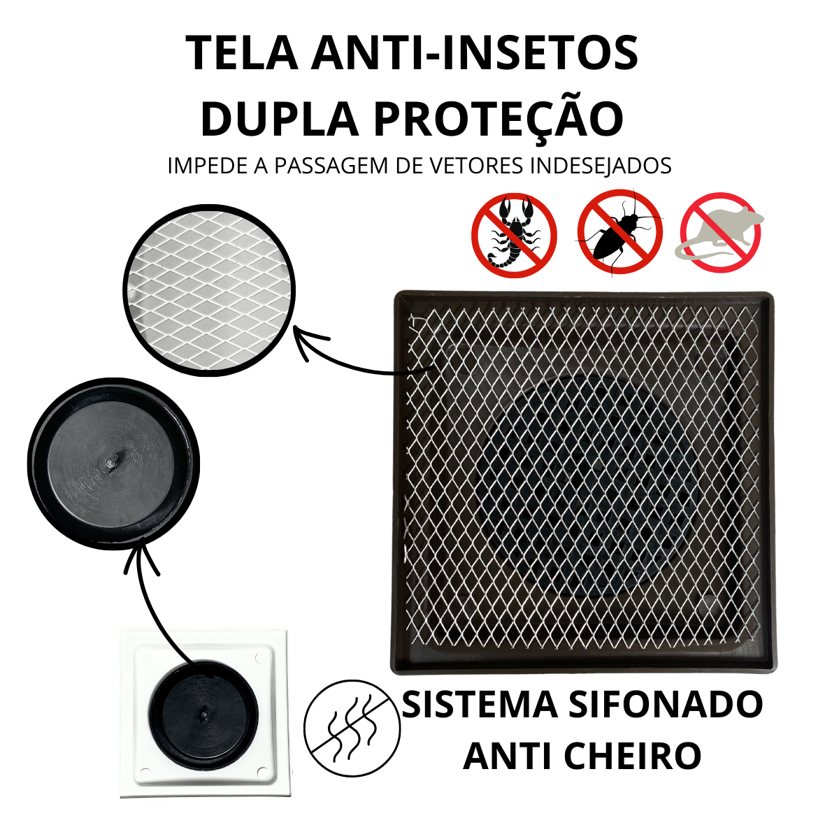 Ralo Anti Cheiro Aluminio 15x15 Reta Tela e Coletor Saída Baixa Marrom Adapt de 40mm até 100mm - 4