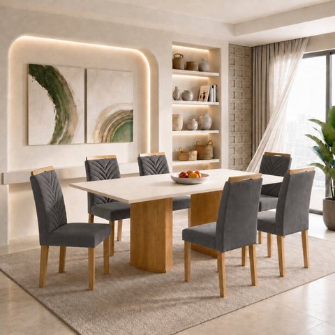 Conjunto Sala de Jantar 6 Lugares MDF Isla Carol Cinamomo Off White