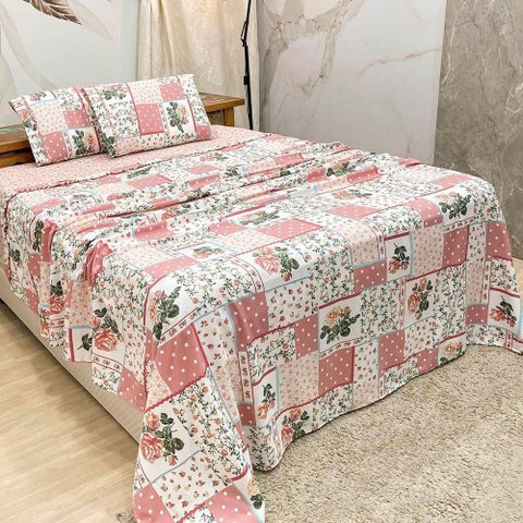 Jogo de Cama Lençol Casal Colonial Percal 300 Fios 4 Peças - Pat Rosê