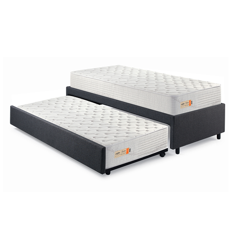 Bicama Box Solteiro Tecido Linho Cinza 88x188 com Dois Colchões de Espuma Ecoline D33 Ecoflex