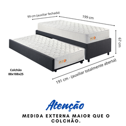 Bicama Box Solteiro Tecido Linho Cinza 88x188 com Dois Colchões de Espuma Ecoline D33 Ecoflex - 2