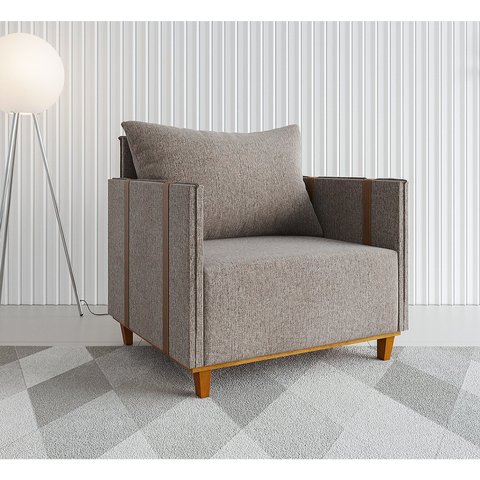 Poltrona Decorativa Pés em Madeira Sofistic Marrom Linho Kaki Durango