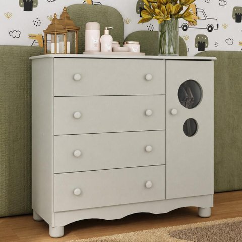 Cômoda Infantil 95cm 1 Porta com Vidro e 4 Gavetas Suspiro Multimóveis MP4459 - Off White